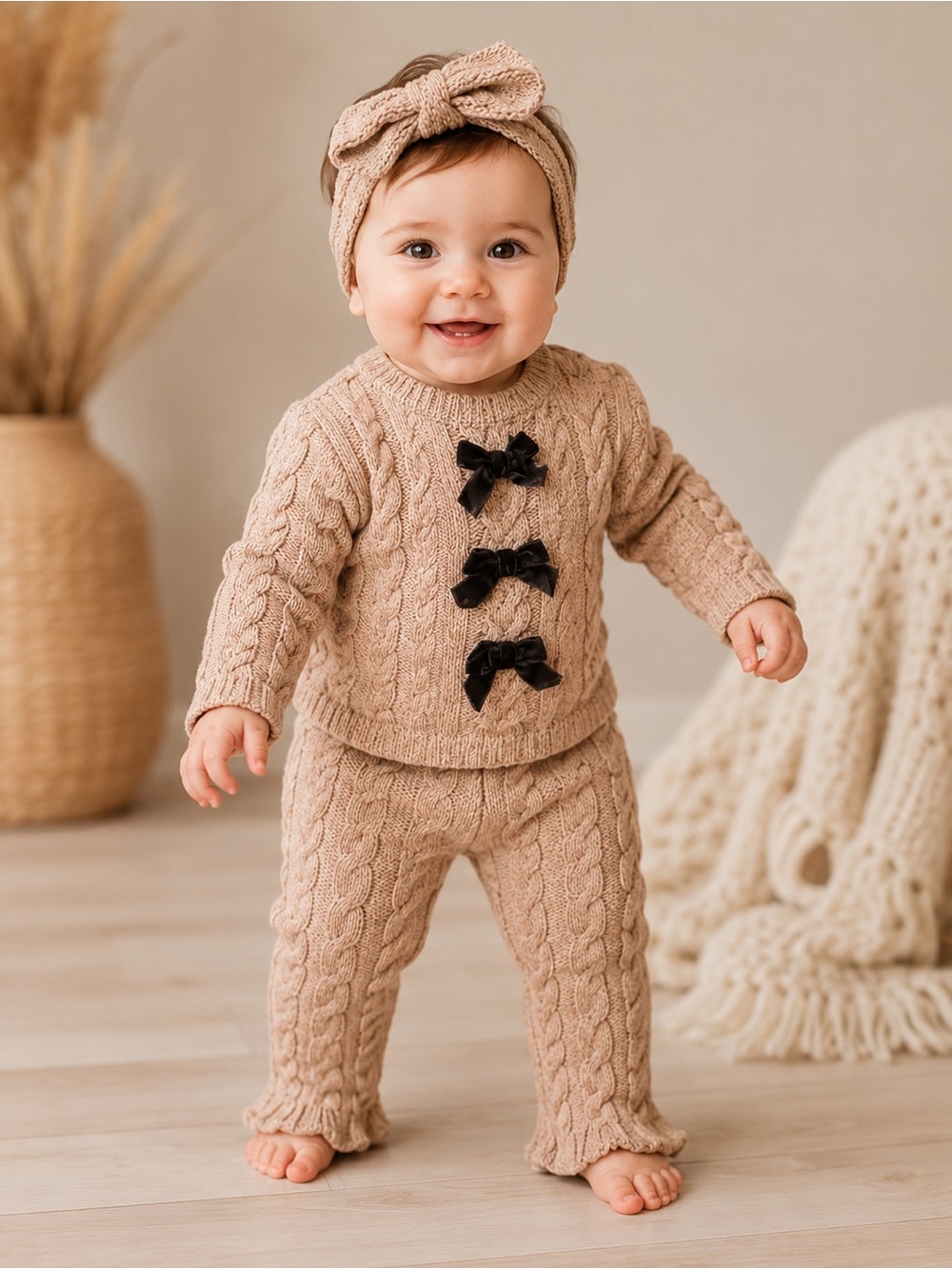 Nicole Miller Beige Cable Knit Baby Matching Set with Black Bows